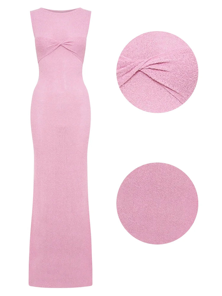 Vestido largo playero de punto para mujer, vestido veraniego rosa sin mangas, vestido veraniego de punto transparente, vestido maxi ajustado, nuevo