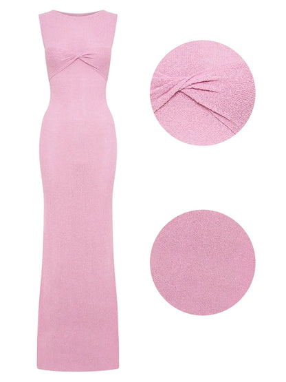 Vestido largo playero de punto para mujer, vestido veraniego rosa sin mangas, vestido veraniego de punto transparente, vestido maxi ajustado, nuevo