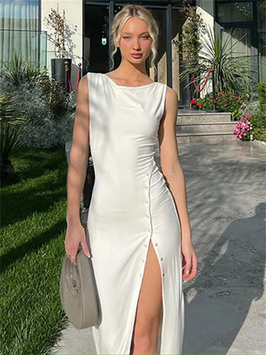 Summer Elegant White Maxi Dress High Waist Sleeveless Patchwork Women’s Party Dress High Split Solid Fashion Women Dress