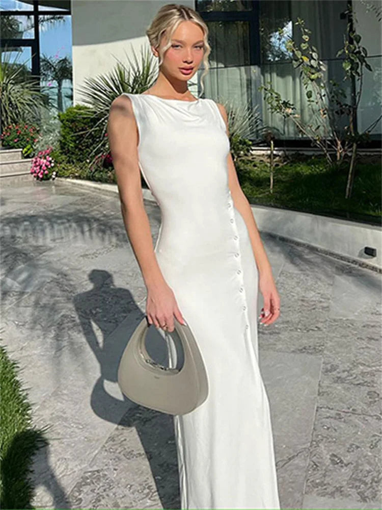 Summer Elegant White Maxi Dress High Waist Sleeveless Patchwork Women’s Party Dress High Split Solid Fashion Women Dress