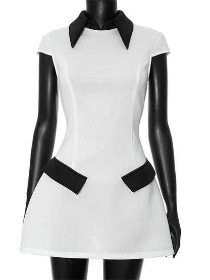 Vestido mini de verano con contraste para mujer, cintura alta, patchwork, solapa, ajustado, elegante, estilo urbano
