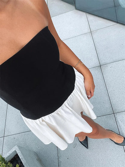 Summer Fashion Pleated Mini Dress – Backless Patchwork Slim Contrast Elegant Party Dress for Women
