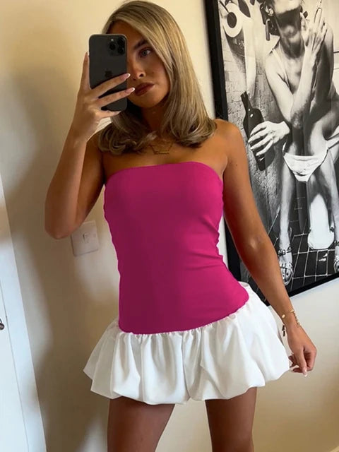 Vestido mini de verano con volantes para mujer, vestido bandeau de cintura alta en contraste con retazos y espalda descubierta, vestido mini sexy para mujer