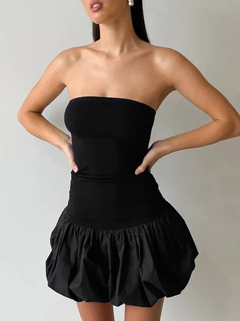 Vestido mini de verano con volantes para mujer, vestido bandeau de cintura alta en contraste con retazos y espalda descubierta, vestido mini sexy para mujer