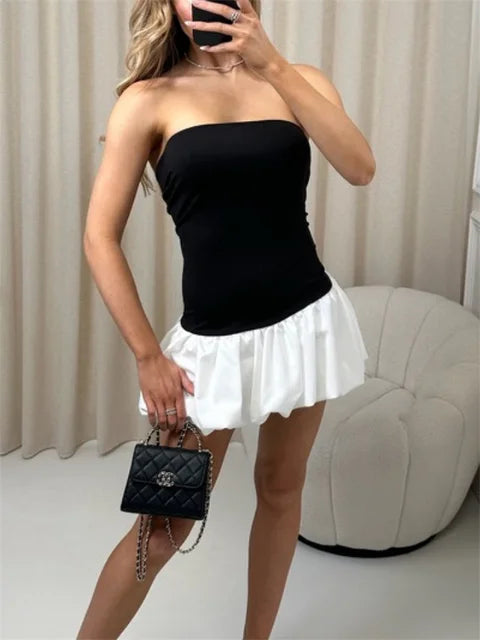 Vestido mini de verano con volantes para mujer, vestido bandeau de cintura alta en contraste con retazos y espalda descubierta, vestido mini sexy para mujer