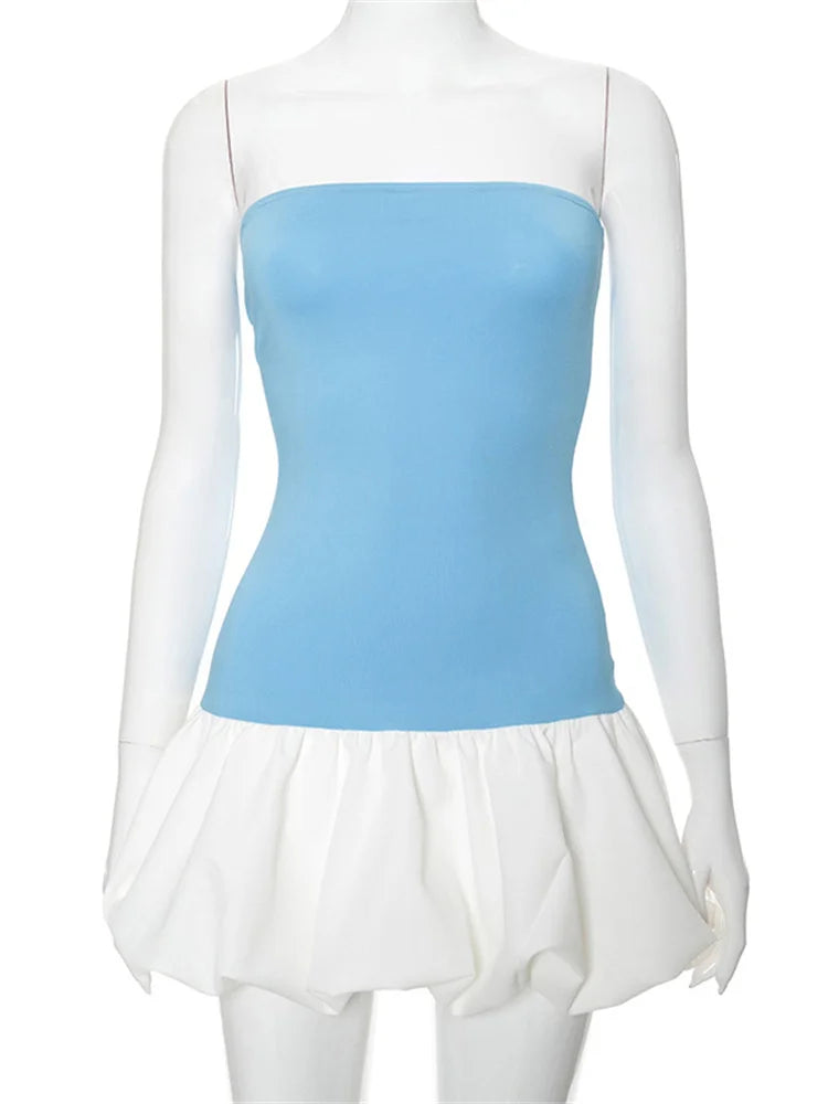 Vestido mini de verano con volantes para mujer, vestido bandeau de cintura alta en contraste con retazos y espalda descubierta, vestido mini sexy para mujer