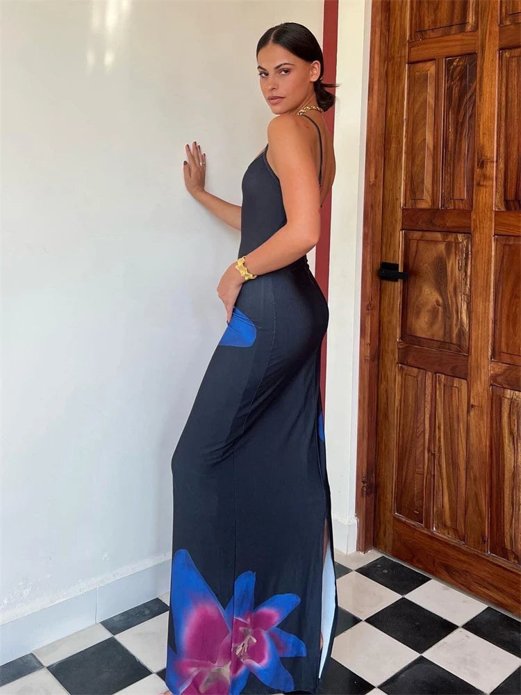 Vestido de verano para mujer, estilo halter, estampado, ajustado, sin espalda, informal, bohemio, maxivestido floral, espagueti, falda larga para mujer, nuevo