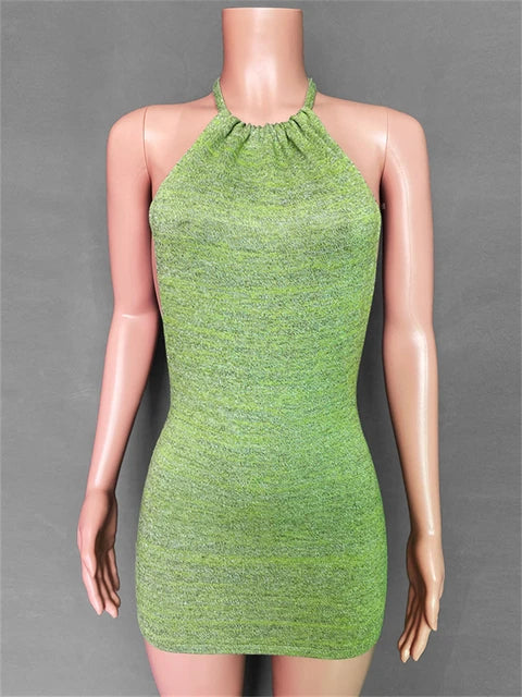 Vestido de punto con espalda descubierta y degradado de verano para mujer, nuevo minivestido de fiesta de playa con cuello halter, vestido de suéter elástico ajustado para mujer 2025