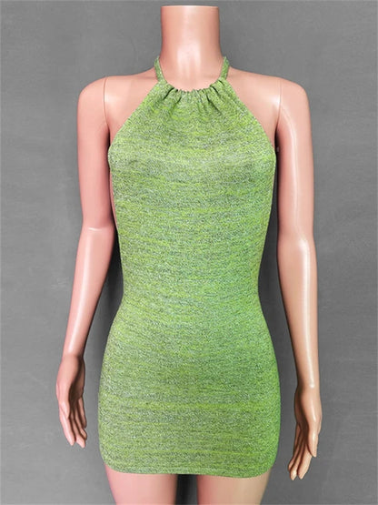 Vestido de punto con espalda descubierta y degradado de verano para mujer, nuevo minivestido de fiesta de playa con cuello halter, vestido de suéter elástico ajustado para mujer 2025