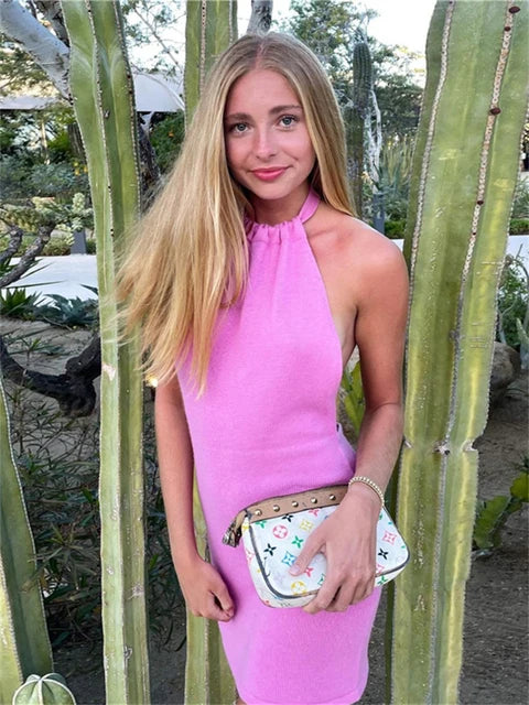 Vestido de punto con espalda descubierta y degradado de verano para mujer, nuevo minivestido de fiesta de playa con cuello halter, vestido de suéter elástico ajustado para mujer 2025