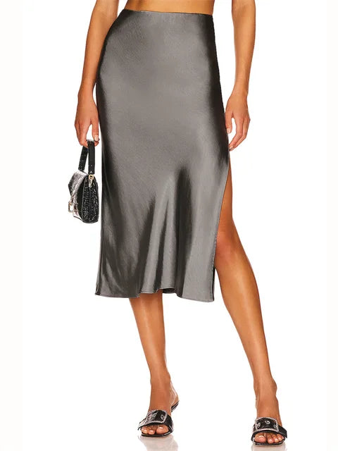 Summer High Waist Satin Midi Skirt with Side Split – Elegant Streetwear Fashion for Women