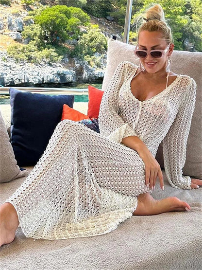 Summer Hollow Out V-Neck Cover up Maxi Dress – Women’s Beach Holiday See-Through Sexy High Waist Long Dress