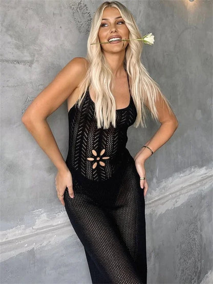Vestido largo de verano de punto con vendaje para mujer, con aberturas, estampado transparente, cintura alta, sin espalda, para playa y vacaciones