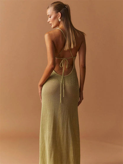 Vestido largo de verano de punto con vendaje para mujer, con aberturas, estampado transparente, cintura alta, sin espalda, para playa y vacaciones