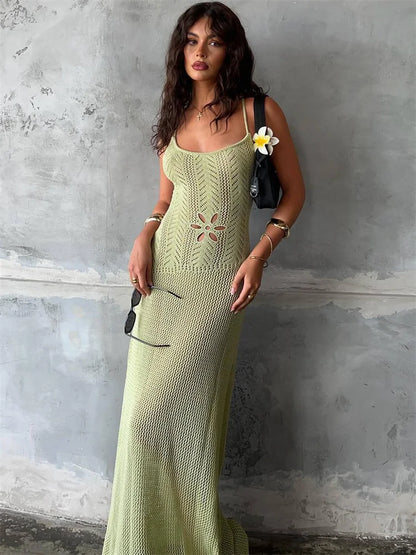 Vestido largo de verano de punto con vendaje para mujer, con aberturas, estampado transparente, cintura alta, sin espalda, para playa y vacaciones