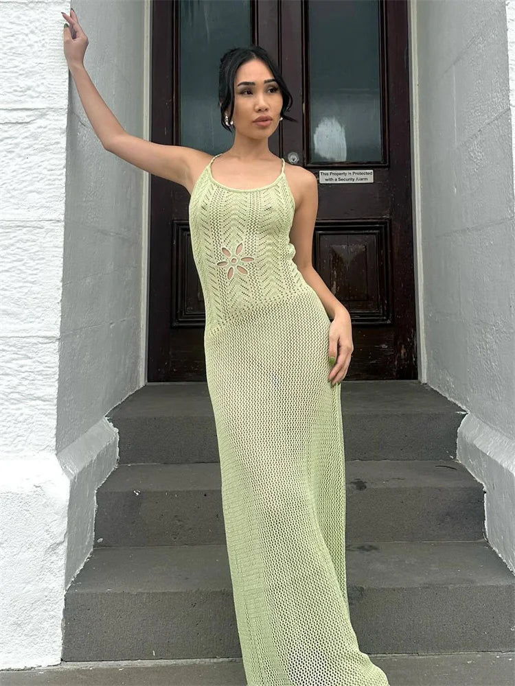 Vestido largo de verano de punto con vendaje para mujer, con aberturas, estampado transparente, cintura alta, sin espalda, para playa y vacaciones