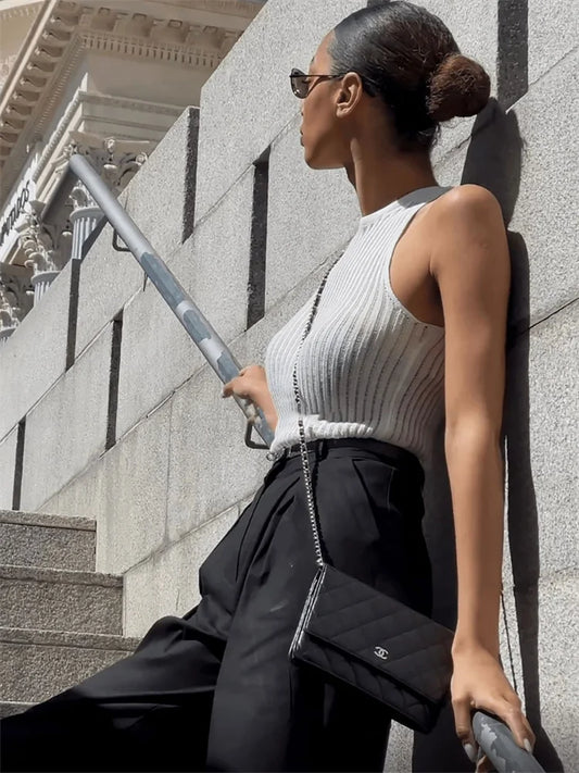 Camiseta de tirantes de punto calada de verano sin mangas para mujer, jersey de punto ajustado, top Y2k para mujer, camiseta de tirantes sexy ajustada para mujer