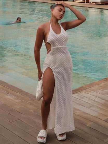 Vestidos de punto con abertura lateral para mujer, vestidos de fiesta de verano para playa y vacaciones, vestido ajustado con espalda descubierta, vestido largo de punto con abertura lateral
