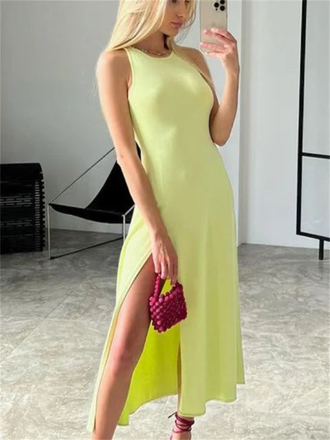 Vestido ajustado sin mangas de verano para mujer, informal, con abertura alta, liso, para vacaciones y playa, blanco, 2025