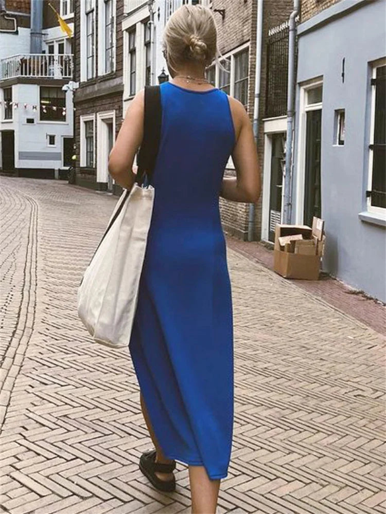 Vestido ajustado sin mangas de verano para mujer, informal, con abertura alta, liso, para vacaciones y playa, blanco, 2025