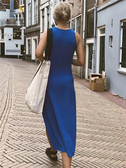 Vestido ajustado sin mangas de verano para mujer, informal, con abertura alta, liso, para vacaciones y playa, blanco, 2025