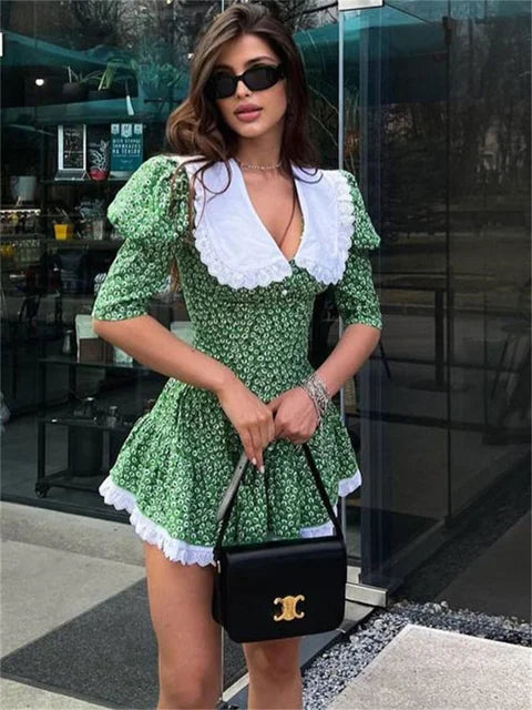 Vestido mini de verano con estampado de patchwork para mujer, cuello en V, manga corta, ajustado, elegante, para fiesta, 2025