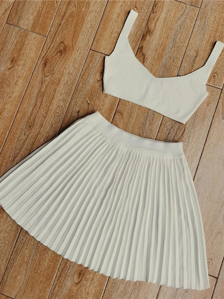 Summer Sleeveless Tank Top And Mini Pleated Skirt Sets Beach Outfits Knit Set Women 2 Piece Sets Sexy Party Dress Suit