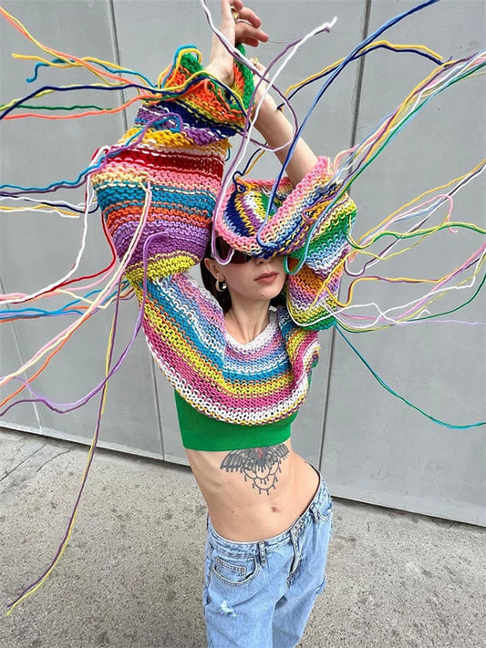 Suéter de vacaciones con borlas en contraste para mujer, suéter holgado de manga acampanada para playa, estilo bohemio, jersey de punto para mujer, top corto