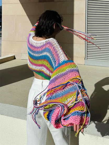 Tassel Contrast Holiday Sweater Pullovers For Women Loose Flared Sleeve Beach Boho Knit Female Cover up Pullover Crop top