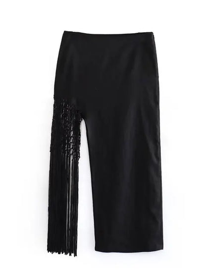 Conjunto de falda larga con borlas y aberturas para mujer, conjunto sexy de 2 piezas de verano negro con top corto con cordones y espalda descubierta y falda larga.