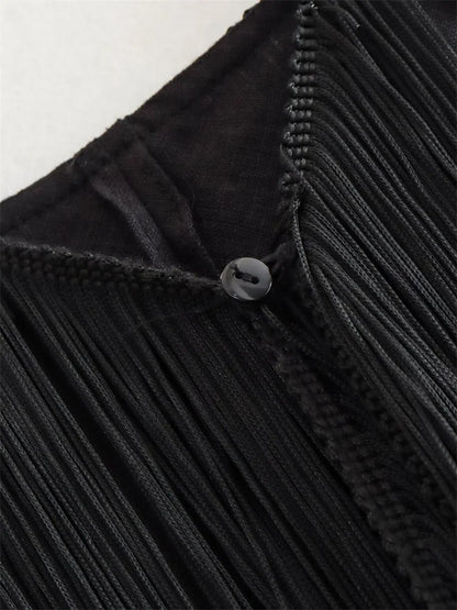 Conjunto de falda larga con borlas y aberturas para mujer, conjunto sexy de 2 piezas de verano negro con top corto con cordones y espalda descubierta y falda larga.