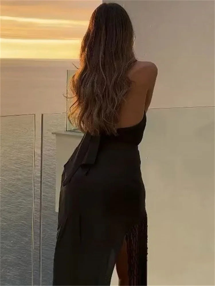 Conjunto de falda larga con borlas y aberturas para mujer, conjunto sexy de 2 piezas de verano negro con top corto con cordones y espalda descubierta y falda larga.