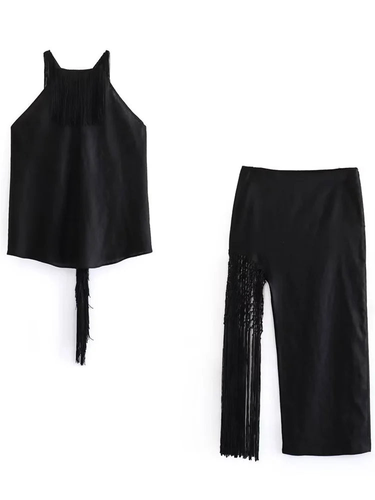 Conjunto de falda larga con borlas y aberturas para mujer, conjunto sexy de 2 piezas de verano negro con top corto con cordones y espalda descubierta y falda larga.