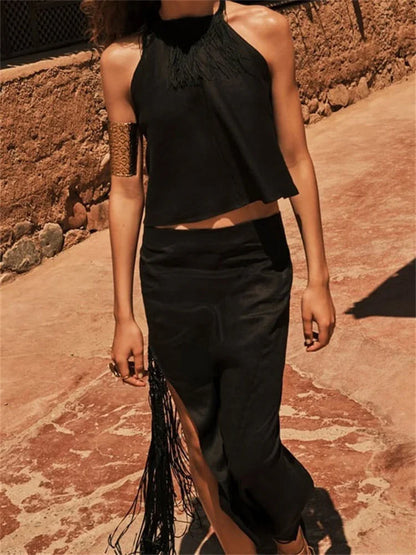 Conjunto de falda larga con borlas y aberturas para mujer, conjunto sexy de 2 piezas de verano negro con top corto con cordones y espalda descubierta y falda larga.