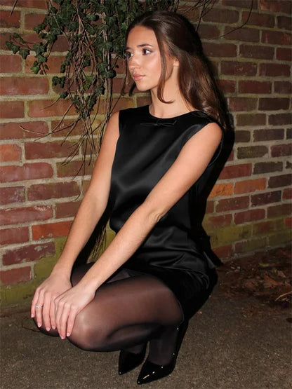 Vestido mini de satén con lazo en la espalda descubierta para mujer, elegante vestido de fiesta sin mangas con retazos, vestido mini liso para mujer