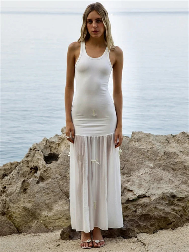 Tee Bow Mesh Patchwork Long Dress Women’s Bandage See-Through Beach Holiday Party Dress Elegant Slim Maxi Dress Summer New