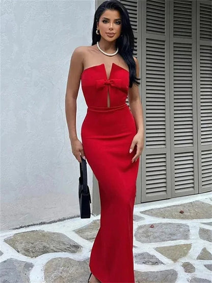 Vestido largo ajustado con hombros descubiertos y lazo para mujer, estilo patchwork, elegante, ahuecado, con espalda descubierta, para fiesta
