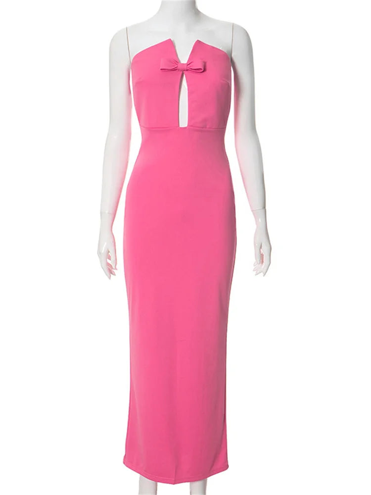 Vestido largo ajustado con hombros descubiertos y lazo para mujer, estilo patchwork, elegante, ahuecado, con espalda descubierta, para fiesta