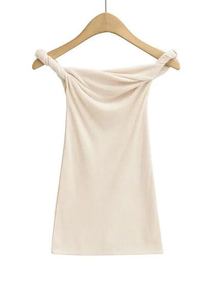 Twist Off-Shoulder Slim T-shirt Solid Patchwork Elegant Backless Women’s Top Y2k Top Pleated Casual Strapless Pullover Tee