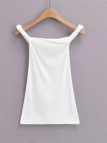 Twist Off-Shoulder Slim T-shirt Solid Patchwork Elegant Backless Women’s Top Y2k Top Pleated Casual Strapless Pullover Tee