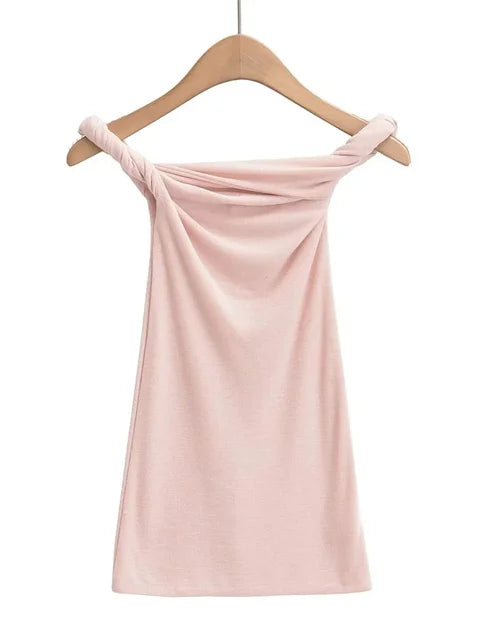 Twist Off-Shoulder Slim T-shirt Solid Patchwork Elegant Backless Women’s Top Y2k Top Pleated Casual Strapless Pullover Tee