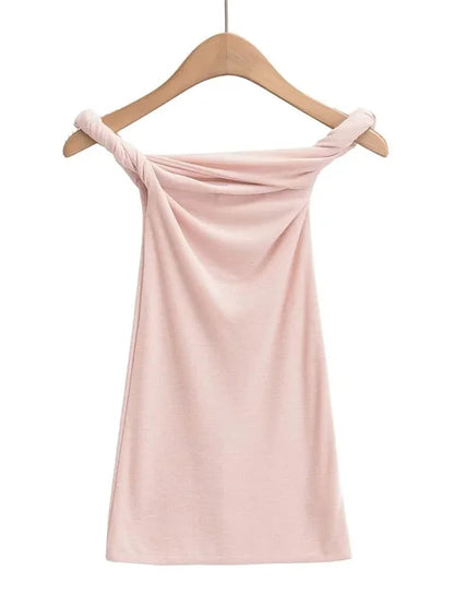 Twist Off-Shoulder Slim T-shirt Solid Patchwork Elegant Backless Women’s Top Y2k Top Pleated Casual Strapless Pullover Tee