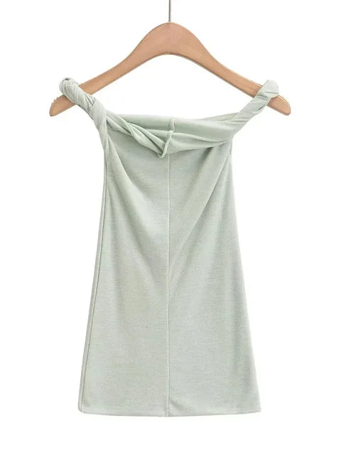 Twist Off-Shoulder Slim T-shirt Solid Patchwork Elegant Backless Women’s Top Y2k Top Pleated Casual Strapless Pullover Tee