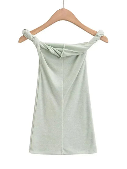 Twist Off-Shoulder Slim T-shirt Solid Patchwork Elegant Backless Women’s Top Y2k Top Pleated Casual Strapless Pullover Tee