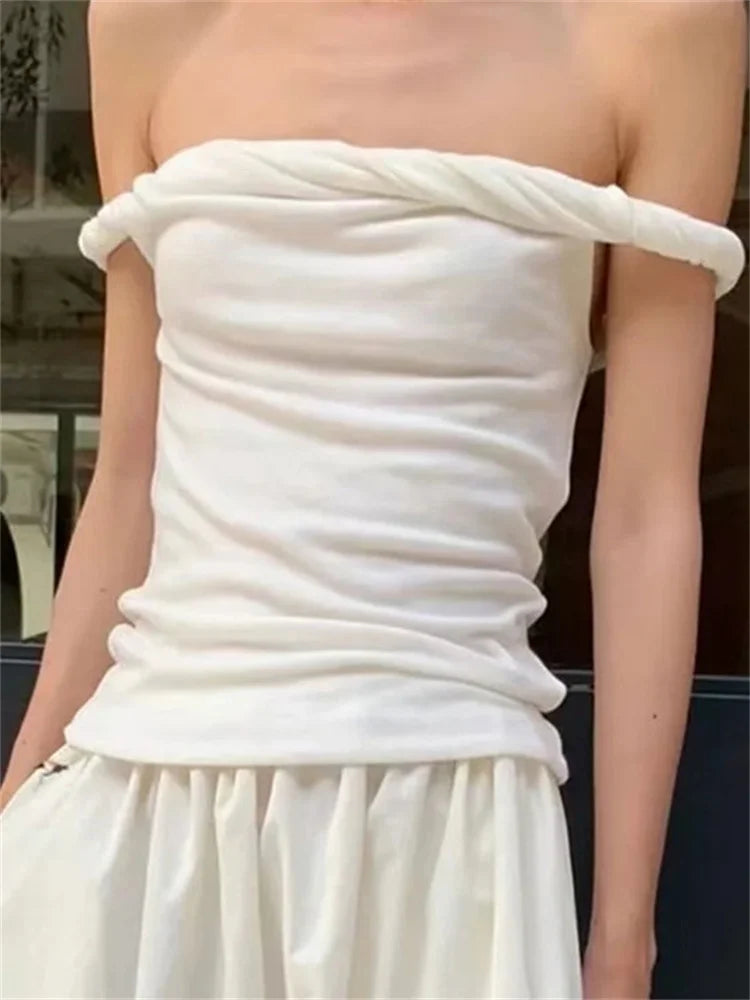 Twist Off-Shoulder Slim T-shirt Solid Patchwork Elegant Backless Women’s Top Y2k Top Pleated Casual Strapless Pullover Tee