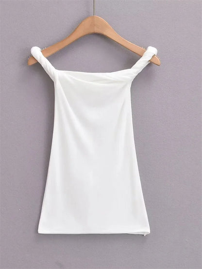Twist Off-Shoulder Slim T-shirt Solid Patchwork Elegant Backless Women’s Top Y2k Top Pleated Casual Strapless Pullover Tee