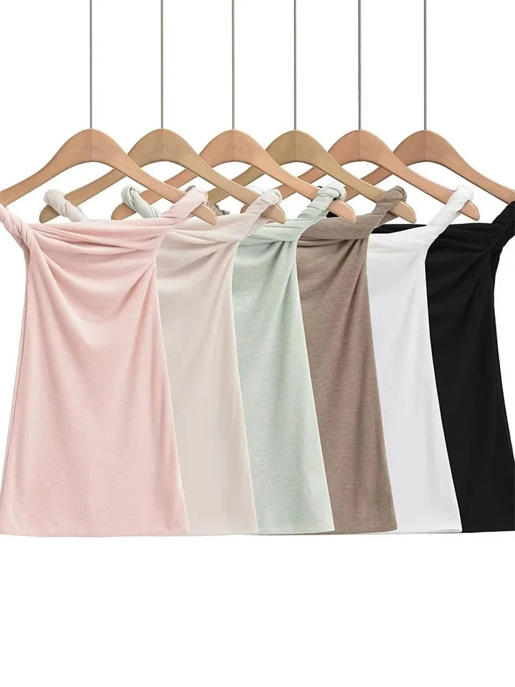 Twist Off-Shoulder Slim T-shirt Solid Patchwork Elegant Backless Women’s Top Y2k Top Pleated Casual Strapless Pullover Tee