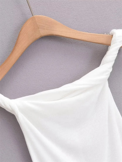 Twist Off-Shoulder Slim T-shirt Solid Patchwork Elegant Backless Women’s Top Y2k Top Pleated Casual Strapless Pullover Tee