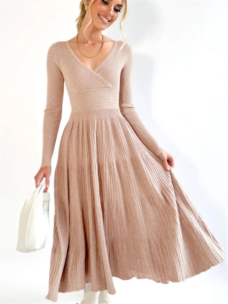 Vestido largo de punto con escote en V y espalda descubierta para mujer, elegante vestido de fiesta ajustado a la moda, vestido largo de retazos acanalados con cintura alta para mujer