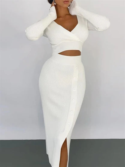 V-Neck Crop Top ANd Midi Skirt Sets Autumn Wrap Slim Bodycon Casual 2 Piece Sets Dress Outfits Women’s Knitted Suit 2025